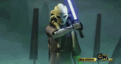 Cartoon Character Holding Two Lightsabers In Front Of CN Sign GIF