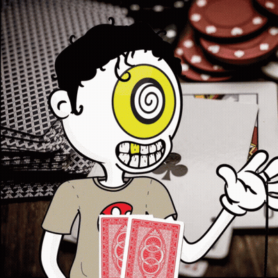 Cartoon Character Holding Two Red Playing Cards GIF