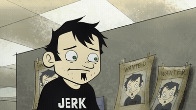 Cartoon Character in Black Shirt Saying Jerk
