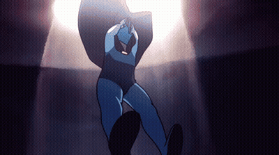 Cartoon Character In Blue Bodysuit Dancing GIF