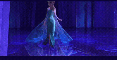 Cartoon Character In Blue Dress Arms Outstretched On Stage GIF