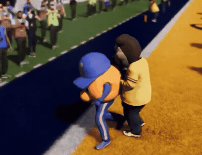 Cartoon Character In Blue Hat Being Pushed GIF