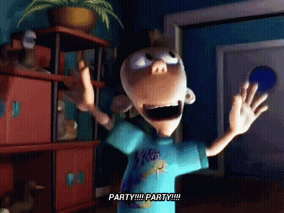 Cartoon Character In Blue Shirt Saying Party GIF