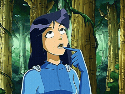 Cartoon Character in Blue Suit Hand on Chin in Forest