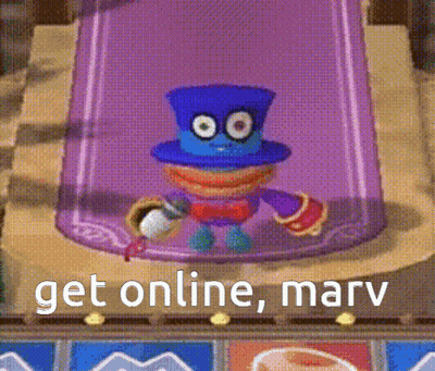 Cartoon Character In Blue Top Hat With Microphone Says Get Online Marv GIF