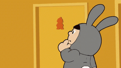 Cartoon Character in Bunny Costume Walking Between Yellow Doors