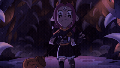 Cartoon Character In Cave With Purple Cloud GIF