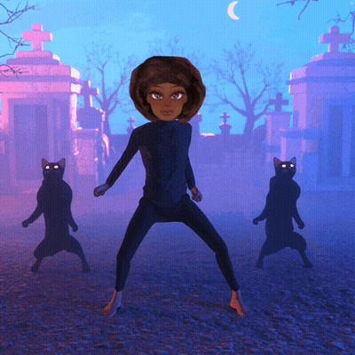 Cartoon Character In Cemetery Surrounded By Cats GIF