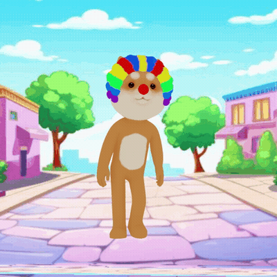 Cartoon Character In Clown Wig On Sidewalk GIF