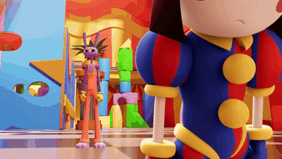 Cartoon Character In Colorful Outfit Next To Another Character GIF