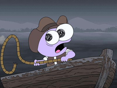 Cartoon Character In Cowboy Hat Fishing In Boat GIF