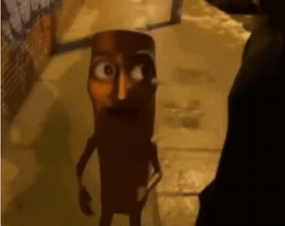 Cartoon Character In Dark Alleyway Looking At Man GIF