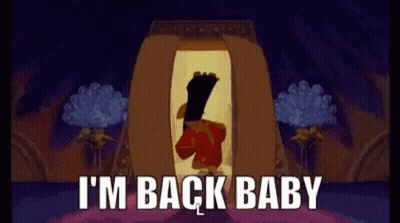 Cartoon Character In Doorway Saying I'm Back Baby GIF