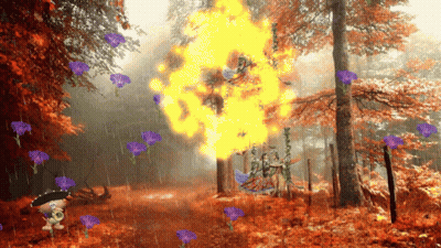 Cartoon Character In Forest With Purple Flowers And Fire GIF