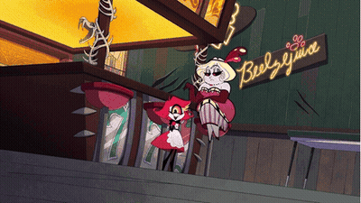 Cartoon Character In Front Of Beely Juice Sign GIF