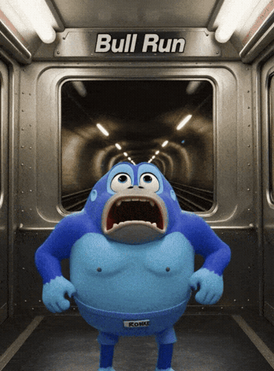 Cartoon Character In Front Of Bull Run Sign GIF