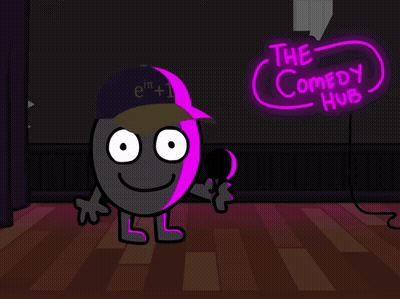 Cartoon Character In Front Of Comedy Hub Sign GIF