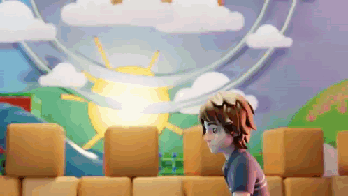 Cartoon Character In Front Of Ferris Wheel With Sun Through Clouds GIF
