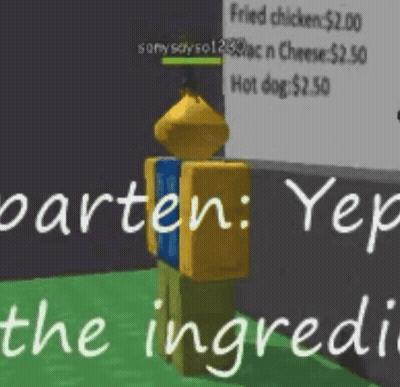 Cartoon Character In Front Of Fried Chicken $2.00 Hot Dog $2.50 Sign GIF