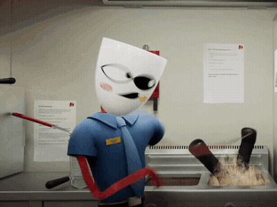 Cartoon Character In Front Of Fryer GIF
