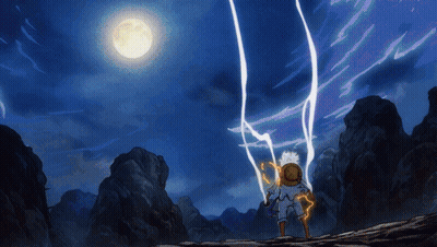 Cartoon Character In Front Of Full Moon With Lightning GIF