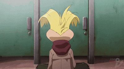 Cartoon Character In Front Of Green Door GIF