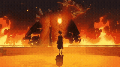 Cartoon Character In Front Of Huge Monster GIF