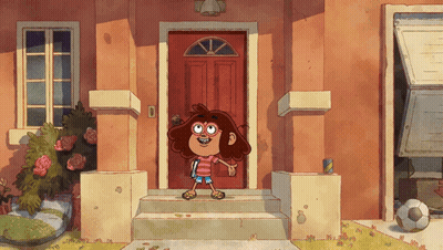 Cartoon Character In Front Of Red Door GIF