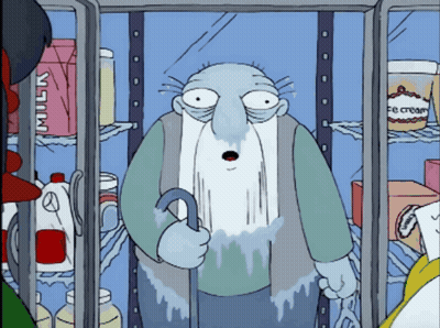 Cartoon Character in Front of Refrigerator With Ice Cream