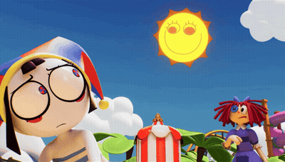 Cartoon Character In Front Of Smiley Sun GIF