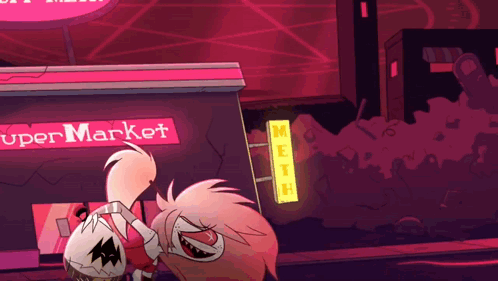 Cartoon Character In Front Of Supermarket Neon Sign Meth GIF