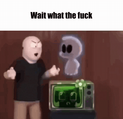 Cartoon Character In Front Of TV With Ghost Behind GIF