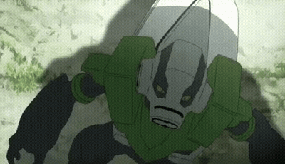 Cartoon Character In Gas Mask And Helmet Standing In Grass GIF