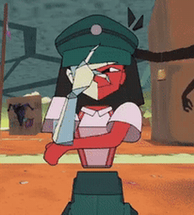 Cartoon Character in Green Hat Holding Sword