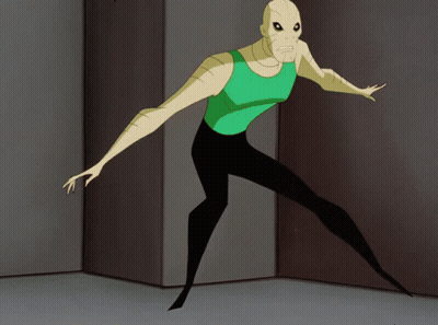 Cartoon Character In Green Tank Top And Black Pants Standing In Room GIF