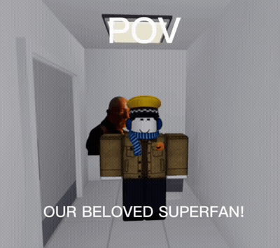 Cartoon Character In Hallway Saying Our Beloved Superfan GIF