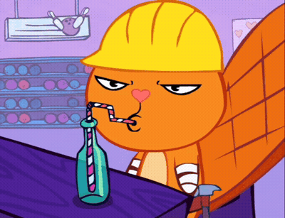 Cartoon Character In Hard Hat Drinking From Bottle With Straw GIF