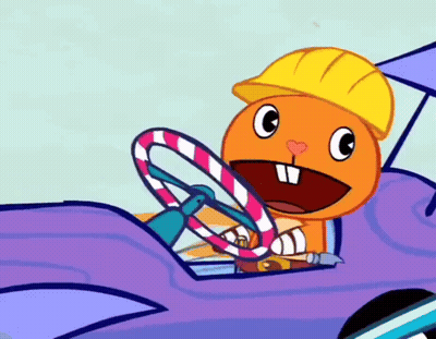 Cartoon Character in Hard Hat Holding Candy Cane Steering Wheel