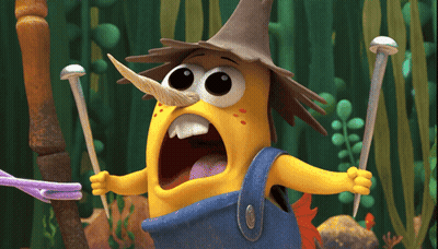 Cartoon Character In Hat And Overalls Holding Two Sticks GIF