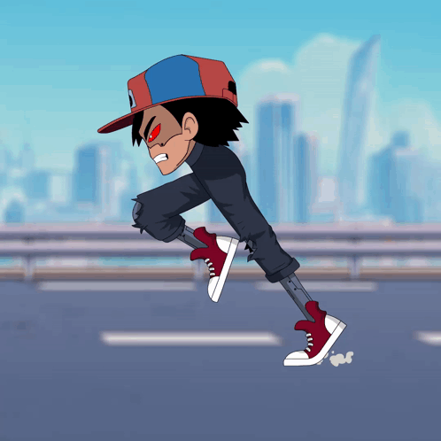 Cartoon Character In Hat And Red Shoes Running Down Street GIF