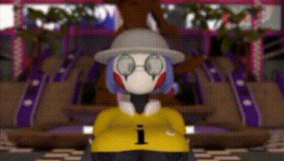Cartoon Character In Hat And Yellow Shirt Standing In Room GIF