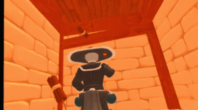 Cartoon Character In Hat Standing In Brick Room GIF