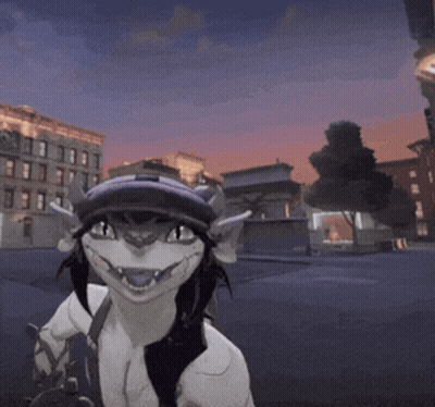 Cartoon Character In Hat Standing In Front Of Buildings GIF