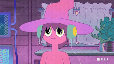 Cartoon Character In Headphones And Purple Hat With Netflix Logo GIF