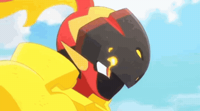 Cartoon Character In Helmet And Yellow Armor GIF