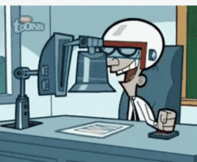 Cartoon Character In Helmet At Desk With Toons Sign GIF