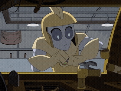 Cartoon Character in Helmet Working on Machine