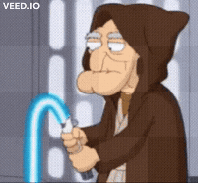 Cartoon Character In Hooded Robe Holding Blue Lightsaber GIF