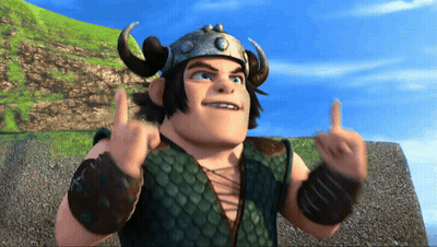 Cartoon Character In Horned Helmet And Green Vest Giving Middle Finger GIF