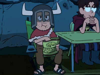 Cartoon Character In Horned Helmet Holding Bag Of Nuts GIF
